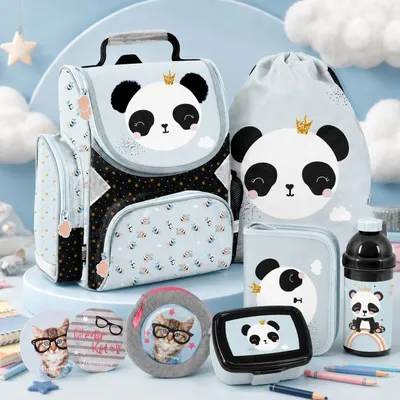 Produktbild von 6tlg Panda Schulranzen Rucksack Ranzen schulruckack Federtasche Sportbeutel Täschchen mit 2 Notizblöcken fur madchen Panda-Bär, KI-generiertes Bild