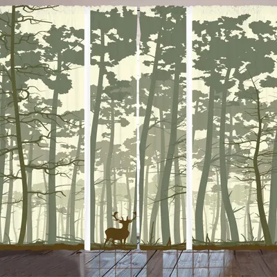 Image de Rideau ARANDE Wald, rayures verticales avec grands arbres et illustration naturelle d'un cerf solitaire, 280 x 175 cm, vert sauge, marron, crème