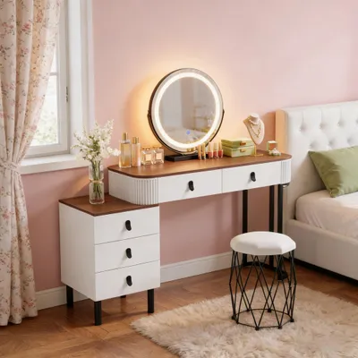 Produktbild von Eleganter Umkleidetisch mit Make-up Hocker,Umkleidetisch mit Schublade,Bürotisch(nur mit Make-up-Tisch und Make-up Hocker)