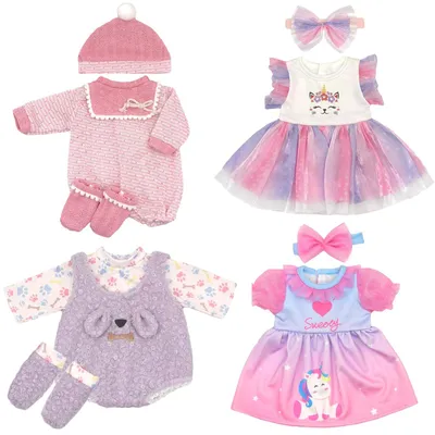 Imagen del producto de 4 conjuntos de ropa para muñecas de 36-43 cm, incluyendo un gorro y una diadema