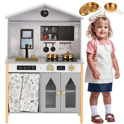 Produktbild von Merax Kinderküche Spielküche im Hausdesign, Holz und Kunststoff, Mit Zubehör und interaktiven Funktionen, Für Kinder ab 3 Jahren, Grau