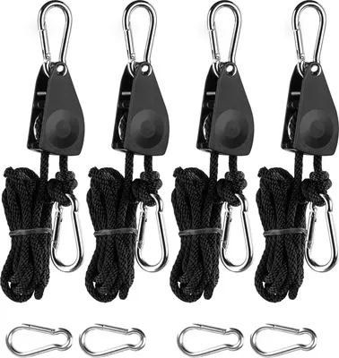 Produktbild von 4 Stück Ratchet Hanger, Duty Heavy Rope Seil Ratsche Einstellbare Seil Ratsche Grow Lampe Aufhänger Rope Ratchet 1/8 Zoll Schnalle Seilratsche Sonnensegel, mit 4 Bergsteigerschnalle