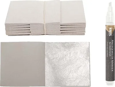 Produktbild von 100 Blatt Echtes Blattsilber 6cm x 6cm Echt Silber 925 zum Versilbern & Basteln + 1x Kreul Marker Anlegemilch Kleber im Stift