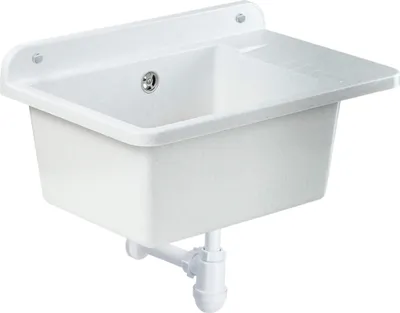 A white sink with a drainboard and plumbing attached, shown against a white background.
