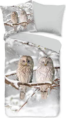 A bedding set with a snowy owl print, including a duvet cover and pillowcase.