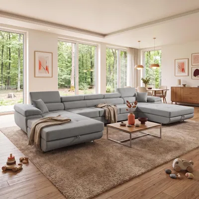 Produktbild von MUFFO Ecksofa U-Form ALONZO MAXI U mit Schlaffunktion 125x318 Velours Hellgrau, KI-generiertes Bild