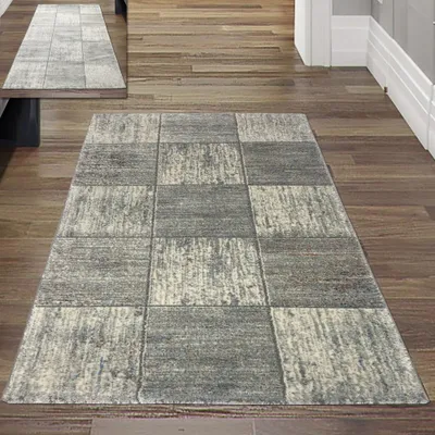 Image de Tapis de salon - motif carré - en gris Taille - 80x150 cm