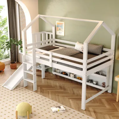 Image de MODFU Lit Mezzanine Enfant 90×200 cm avec Rangements Intégrés et Étagères - Lit en Bois de Pin et MDF - Sans Matelas - Blanc