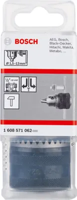 Immagine prodotto di Mandrino ad anello Bosch fino a 13 mm, 1,5 - 13 mm, 1/2 - 20, per rotazione oraria/antioraria - 1608571062
