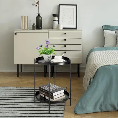 Productafbeelding van Famanu bijzettafel met metalen frame en twee plateaus - zwart