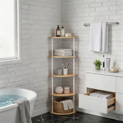 Zdjęcie produktu dla Półka narożna - 5 półek - 30 x 30 x 124 cm - Montaż bez użycia narzędzi - Metalowa konstrukcja - Wolnostojąca - Kolor naturalnego drewna