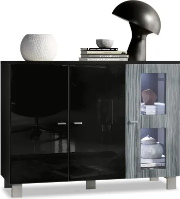 Produktbild von Vladon Sideboard Denjo,  Germany, Kommode mit 3 Türen, Schwarz matt/Schwarz Hochglanz/Avola-Anthrazit, inkl. LED-Beleuchtung (107 x 81 x 35 cm)