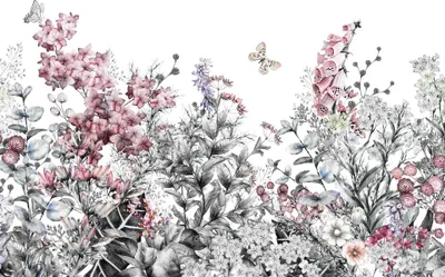 Produktbild von Florale Fototapete in Grün Grau und Altrosa | Schmetterling Fototapete mit Blumenwiese für Esszimmer und Schlafzimmer |