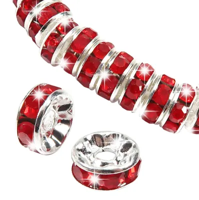 Rote Strass-Spacer-Perlen 8 mm, 100 Stück, rund, Metall