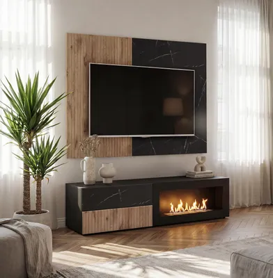 Produktbild von Wohnwand CANNES CS1 mit Rillenfront und Bio Ethanol Kamin und Push - Click