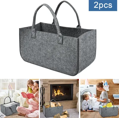 Image de XINZI 2 pièces Sacs en feutre Sac à bois de cheminée en feutre, Panier à bois de cheminée pliable Sac en feutre Shopper pour le bois Journaux Sac à bois de cheminée en feutre - Gris clair