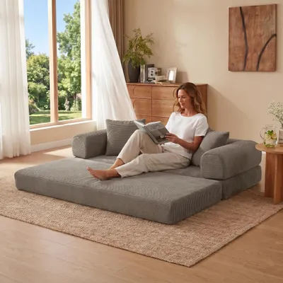 Produktbild von LVHOM 2-in-1 Schlafsofa Faltbar Cord, Bodensofa ohne Montage, Gästebett Sofabett für Wohnzimmer & Jugendzimmer, 195x89x59, Taupe