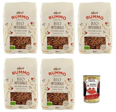 Produktbild von Rummo Pasta Integrale Farfalle N° 85, Vollkornnudeln Nudeln Vollkorn Italienische Pasta 5x 500g + Italian Gourmet polpa 400g