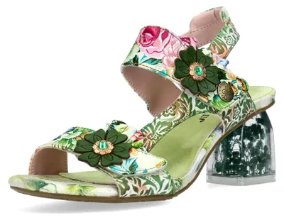 Image de Sandales Laura Vita pour femme, motif floral, talon bloc transparent, modèle Framboiseo 26, pointure : 39 EU, couleur : vert