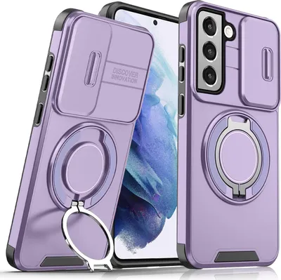 Image de Etui double couche pour Samsung Galaxy S21 5G, avec couvercle coulissant pour l'appareil photo et support magnétique pour anneau Violet