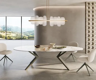 Produktbild von DELIFE Esstisch Edge Oval 280x130 Keramik Minas Melange Weiß-Beige Zenthara kantig Metall Effektfinish Titan