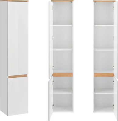 Three views of a tall, narrow white cabinet with wood accents, presented against a white background.