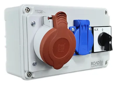 Produktbild von RoadEu CEE Steckdosenverteiler IP44 | 1x CEE 16A 5P 400V + 1x Schuko 230V mit Hauptschalter 0-1 | Aufputz Stromverteiler für Innen- & Außeneinsatz