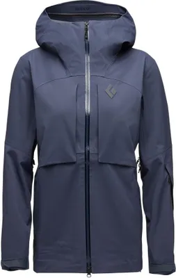 Dunkelblaue Hardshelljacke für Damen von Black Diamond; Modell "Factor Shell"; mit Kapuze und Reißverschluss.