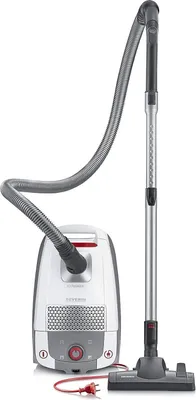 A vacuum cleaner with its hose and floor attachment, presented against a white background.