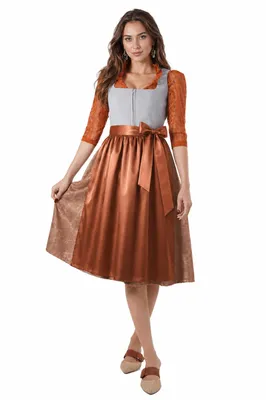 Produktbild von 2-teiliges Trachtenkleid (Kleid + Schürze) in Grau/Hellbraun/Orange, KI-generiertes Bild