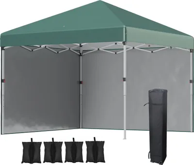 A green pop-up gazebo with two side walls, a storage bag, and four sandbags.