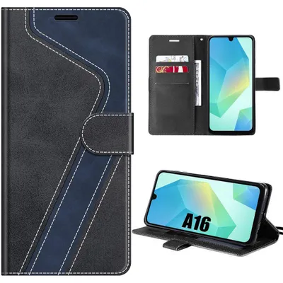 Image de Coque pour Samsung Galaxy A16 4G/5G, Protection Cuir Synthétique Antichoc Noir Bleu Marine