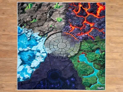 Produktbild von SkippiDoo Spielteppich Fantasy 120x120cm – 5 Welten mit Battle Arena – Lava, Eis, Dschungel, Stein und Schatte – rutschfest für z.B. Eldrador® passend