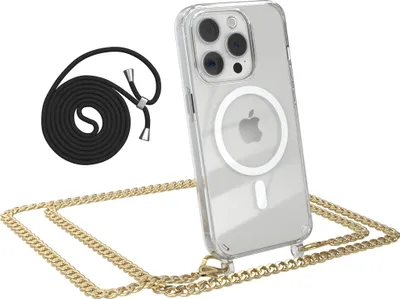 Immagine prodotto di EAZY CASE catena per cellulare compatibile con Apple iPhone 15 Pro, collana in metallo, custodia in silicone con cinturino, antiurto, con MagSafe in oro