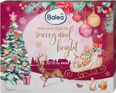 A Christmas-themed advent calendar box with festive illustrations.