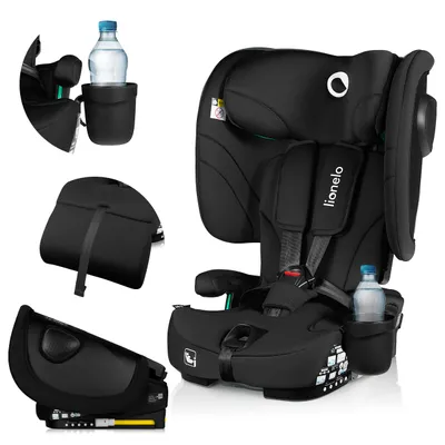 A collage of images showing a black car seat and its accessories.