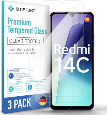 A product shot of screen protectors for a Xiaomi Redmi 14c phone, with packaging and the phone screen visible.