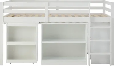 Produktbild von Kombibett mit Stauraum & ausziehbarem Schreibtisch - 90 x 190 cm - Kiefer & MDF - Weiß - ABRENO