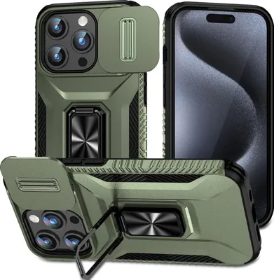 Image de Coque de protection militaire double couche pour iPhone 15 Pro avec protecteur d'appareil photo coulissant et support d'anneau/support vert