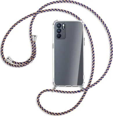 Produktbild von Handykette Backcover-Schutzhülle mit Band (Metall silberfarben) für Oppo Reno6 5G (PEQM00,CPH2251) - blau+beige