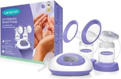 A Lansinoh 2-in-1 electric breast pump is shown next to its packaging. The packaging features a close-up of adult hands holding a baby's feet.