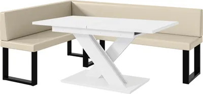Produktbild von MEBLINI Eckbank für Esszimmer mit ausziehbarem Tisch  - Küchenbank - Essecke - Sitzecke Küche - TONI - U-Beine 142x196x87cm Links - Creme Kunstleder/B Weiß Matt