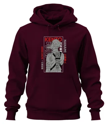 Imagen del producto de Jujutsu Kaisen, Kento Nanami, sudadera con capucha de estilo retro, diseño uni, color burdeos, talla S