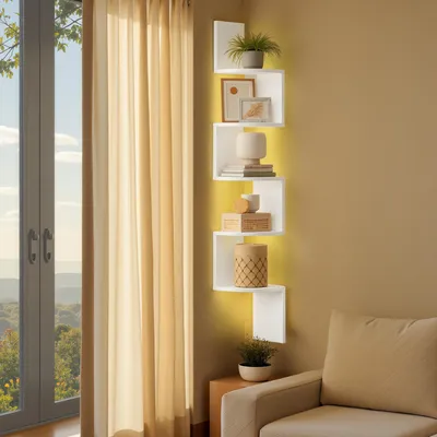 Produktbild von VASAGLE Eckregal mit LED-Beleuchtung, Wandregal 5 Ebenen, Schweberegal für Bücher, Bücherregal, Pflanzenregal für Schlafzimmer, Wohnzimmer, Badezimmer