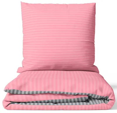 Produktbild von Bettwäsche 4-teilig Set 155x200 cm in Rosa Grau mit Streifenmuster und Reißverschluss aus PolyBaumwolle – Wendebettwäsche