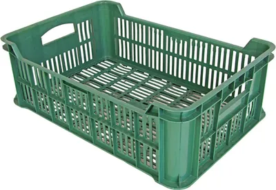 A green plastic crate is shown from a diagonal angle against a white background.