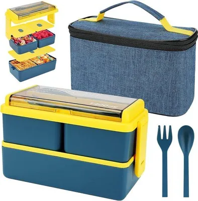 Image de Unyqoos® Boîte à repas Bento de 1400 ml – Boîte à lunch à 2 compartiments, avec 3 sections, en PP, étanche, incluant une pochette isotherme et des couverts, adaptée au micro-ondes, de couleur bleue