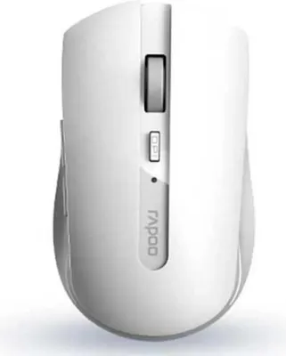 A white wireless computer mouse is shown from a slightly elevated side angle against a white background.