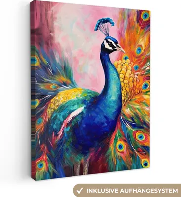 Produktbild von MuchoWow® - Leinwandbilder - Pfau - Tiere - Malerei - Regenbogen, Wandbild, Wanddeko Bilder Wohnzimmer, 60x80 cm