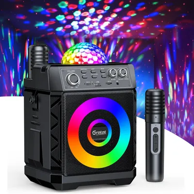 Productafbeelding van Karaokeset met discobol - 20 W luidspreker - 2 draadloze microfoons